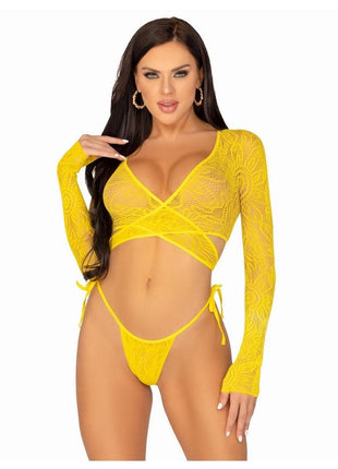 Daisy Lace Wrap-Around Crop Top and Side Tie Panty - Yellow - One Size