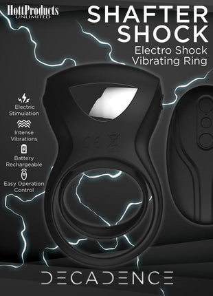 Decadence Shafter Shock Silicone Electro Shock Cock Ring with Remote Control - Black