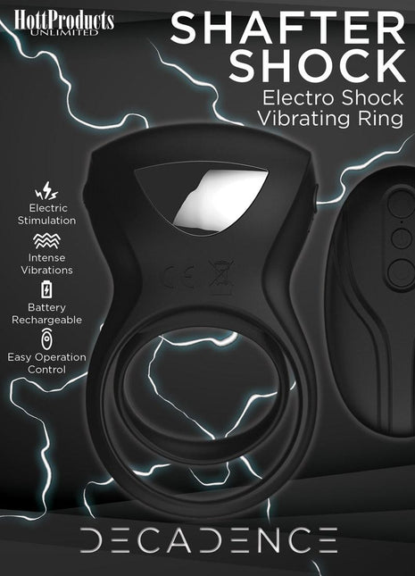 Decadence Shafter Shock Silicone Electro Shock Cock Ring with Remote Control - Black