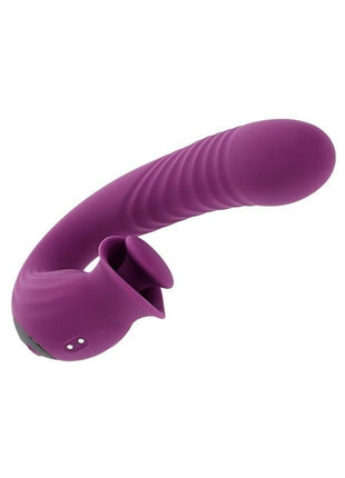 Deep Ecstasy Rechargeable Silicone Ribbed Thrusting Rabbit Vibrator with Clitoral Stimulator - Purple