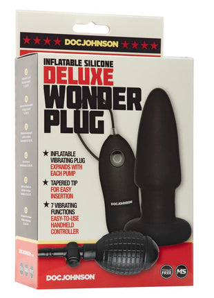 Deluxe Wonder Plug Inflatable Silicone Vibrating Butt Plug with Remote Control - Black