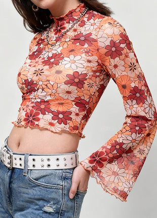 Flare Printed Mesh Bell Sleeve Crop Top