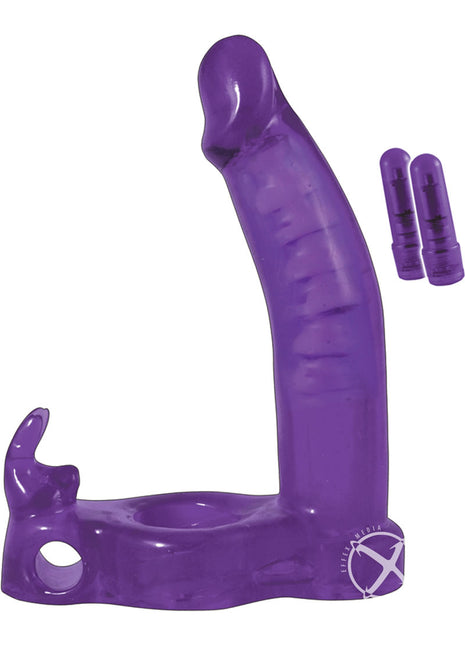 Double Penetrator Rabbit Vibrating Cock Ring - Purple