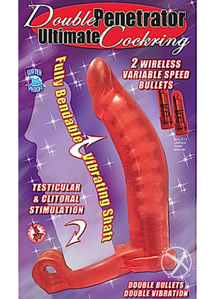 Double Penetrator Ultimate Cock Ring with Vibrating Dildo - Red