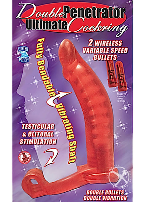 Double Penetrator Ultimate Cock Ring with Vibrating Dildo - Red