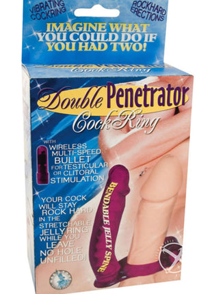 Double Penetrator Vibrating Cock Ring with Bendable Dildo - Purple
