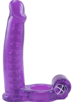 Double Penetrator Vibrating Cock Ring with Bendable Dildo - Purple