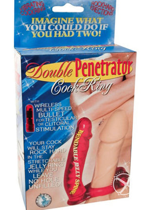 Double Penetrator Vibrating Cock Ring with Bendable Dildo - Red