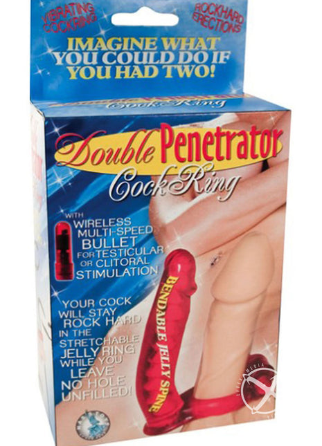Double Penetrator Vibrating Cock Ring with Bendable Dildo - Red