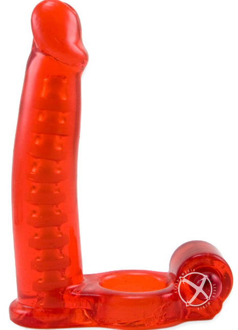 Double Penetrator Vibrating Cock Ring with Bendable Dildo - Red