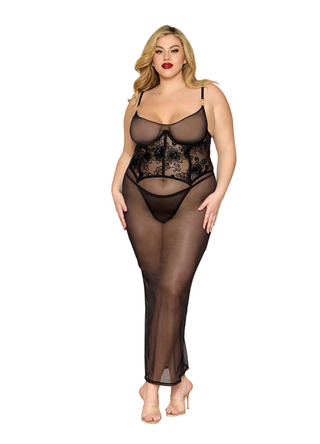 Plus Size Midi Garter Chemise & G-String