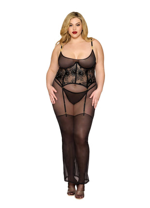 Plus Size Midi Garter Chemise & G-String