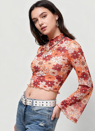 Flare Printed Mesh Bell Sleeve Crop Top