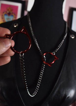 Gunmetal + Red Kitty Ring Slip Chain