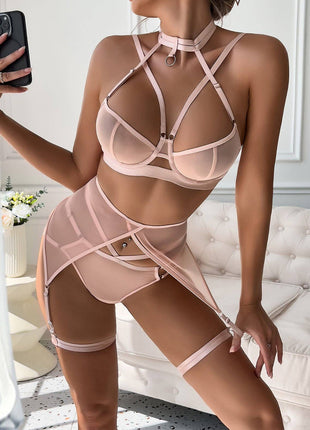 Sexy Mesh Strappy Bra & Garter Set