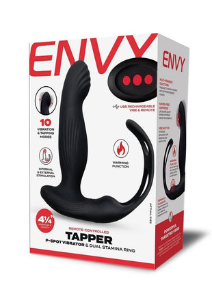 Envy Toys Remote Controlled Tapper Rechargeable Silicone P-Spot Vibrator and Dual Stamina Ring - Black