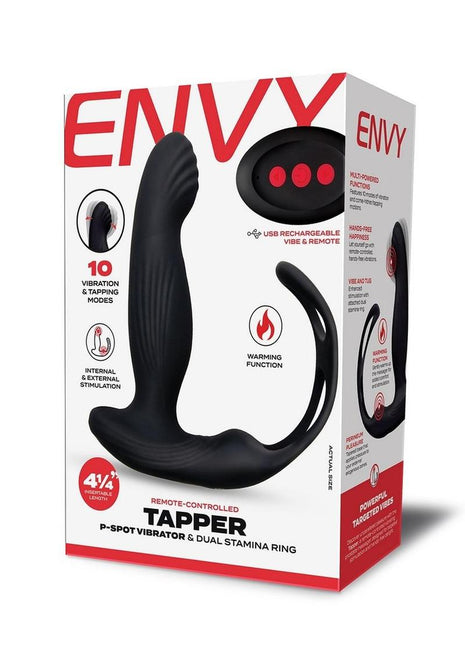 Envy Toys Remote Controlled Tapper Rechargeable Silicone P-Spot Vibrator and Dual Stamina Ring - Black