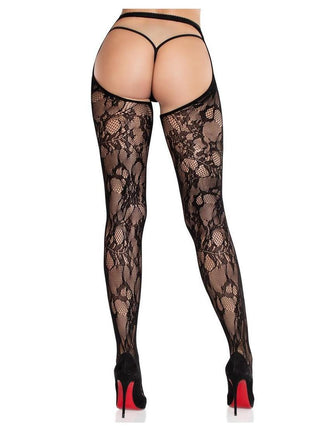 Eyelet Rose Lace Crotchless Tights with Cheeky Open Back