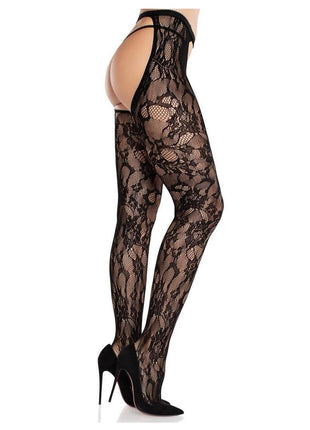 Eyelet Rose Lace Crotchless Tights with Cheeky Open Back - Black - One Size