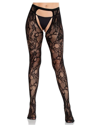 Eyelet Rose Lace Crotchless Tights with Cheeky Open Back