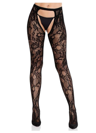 Eyelet Rose Lace Crotchless Tights with Cheeky Open Back - Black - One Size