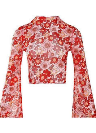 Flare Printed Mesh Bell Sleeve Crop Top