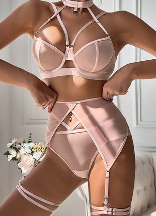 Sexy Mesh Strappy Bra & Garter Set