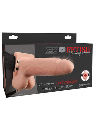 Fetish Fantasy Series Hollow Rechargeable Strap-On Dildo with Balls and Harness - Vanilla - 7in
