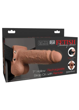Fetish Fantasy Series Hollow Rechargeable Strap-On Dildo with Balls and Harness with Wireless Remote Control - Caramel - 7in