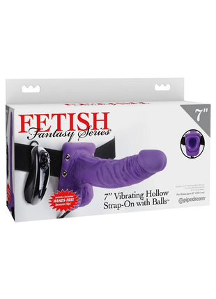 Fetish Fantasy Series Vibrating Hollow Strap-On Dildo with Balls and Harness with Remote Control - Purple - 7in