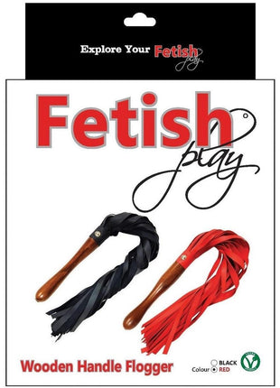 Fetish Play Wooden Handle Flogger Vegan Leather - Red