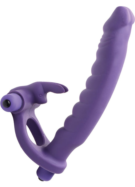 Frisky Double Delight Dual Penetration Vibrating Rabbit C-Ring - Purple