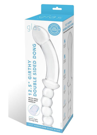 Glas Girthy Double Sided Glass Dong with Anal Bead Grip Handle - Clear - 12.5in