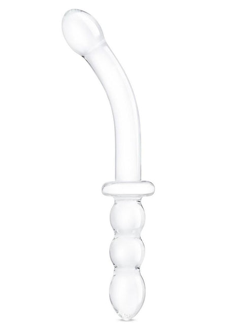 Glas Girthy Ribbed G-Spot Glass Dildo with Handle Grip Double End - Clear - 12in