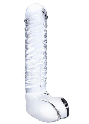Glas Realistic Ribbed Glass G-Spot Dildo with Balls - Clear - 8in