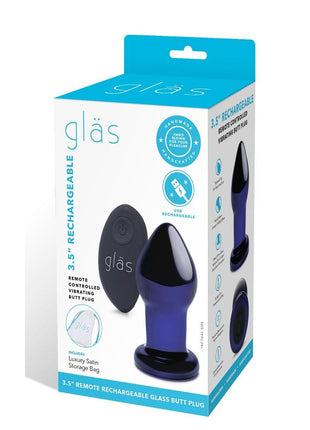 Glas Rechargeable Remote Controlled Vibrating Glass Butt Plug - Blue - 3.5in