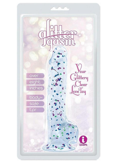 Glittergasm Realistic Clear Dildo with Balls and Suction Cup - Red/Orange/Golden Glitter - Gold/Orange/Red