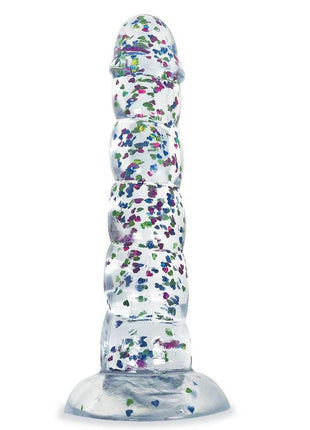 Glittergasm Swirl Clear Dildo with Suction Cup - Blue/Purple/Violet Glitter - Blue/Purple