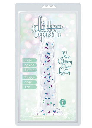 Glittergasm Swirl Clear Dildo with Suction Cup - Blue/Purple/Violet Glitter - Blue/Purple