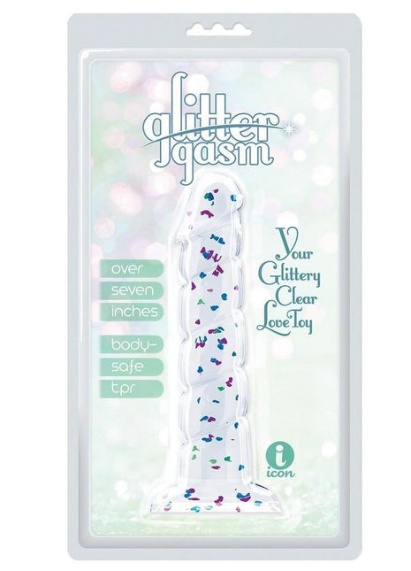 Glittergasm Swirl Clear Dildo with Suction Cup - Blue/Purple/Violet Glitter - Blue/Purple