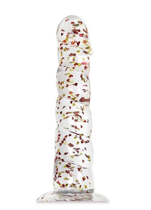 Glittergasm Swirl Clear Dildo with Suction Cup - Orange/Red/Golden Glitter - Gold/Orange/Red