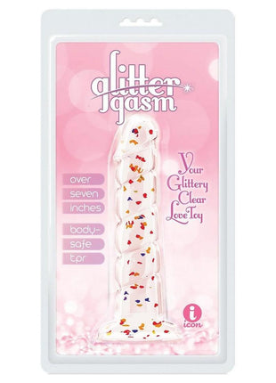 Glittergasm Swirl Clear Dildo with Suction Cup - Orange/Red/Golden Glitter - Gold/Orange/Red