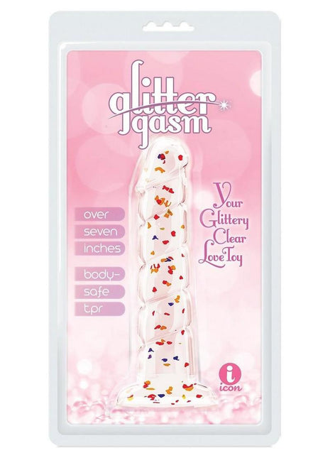 Glittergasm Swirl Clear Dildo with Suction Cup - Orange/Red/Golden Glitter - Gold/Orange/Red
