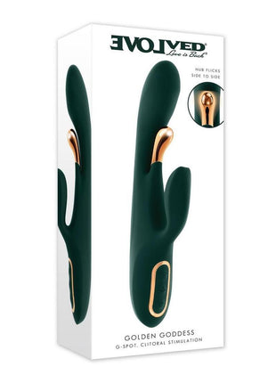 Golden Goddess Rechargeable Silicone Vibrator with Clitoral Stimulator - Green