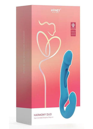Harmony Duo App-Controlled Rechargeable Silicone Strapless Strap-On - Blue/Gold