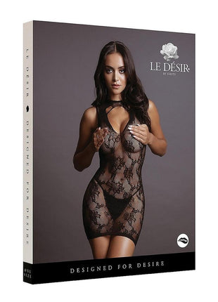 High Neck Lace Mini Dress - Black - One Size
