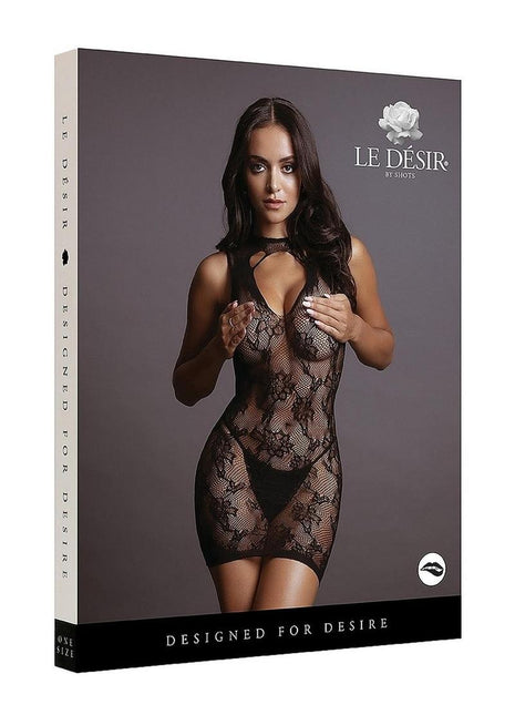 High Neck Lace Mini Dress - Black - One Size