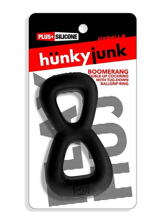 Hunkyjunk Boomerang Silicone Double-Ring Cockring and Nut-Tugger - Black Fog - Black