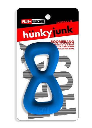 Hunkyjunk Boomerang Silicone Double-Ring Cockring and Nut-Tugger - Teal Fizz - Blue