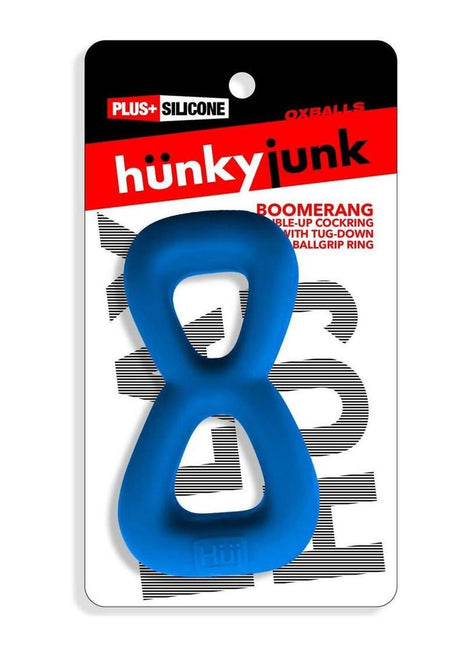 Hunkyjunk Boomerang Silicone Double-Ring Cockring and Nut-Tugger - Teal Fizz - Blue